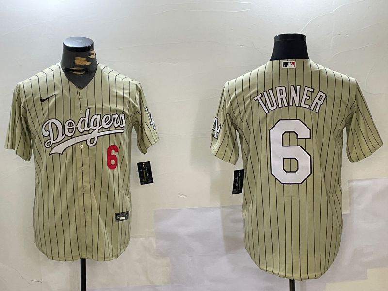 Men Los Angeles Dodgers 6 Turner Green Stripe Game 2024 Nike MLB Jersey style 1